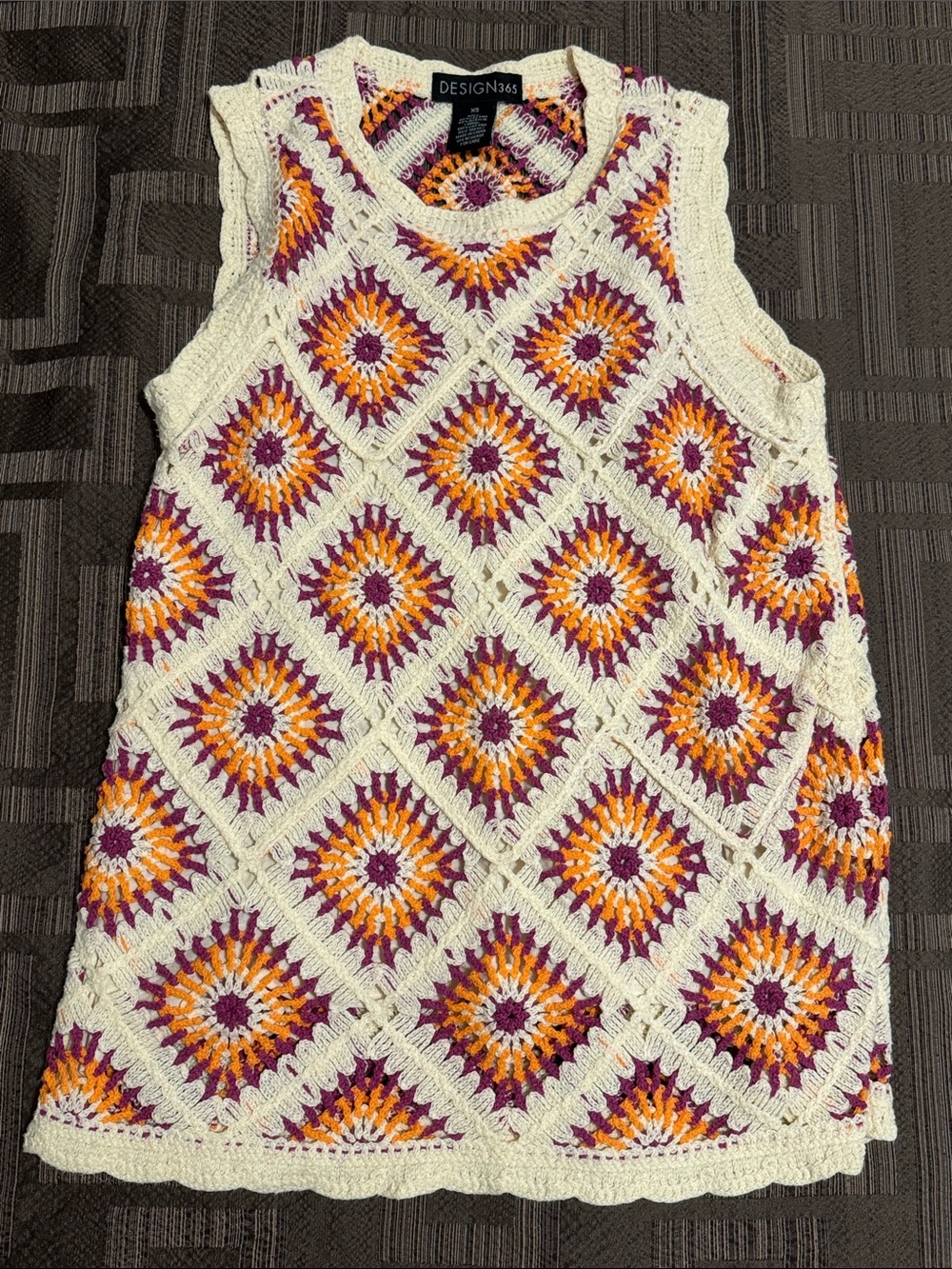 Design365 Crochet Cream Tank Top with Purple & Orange Motifs